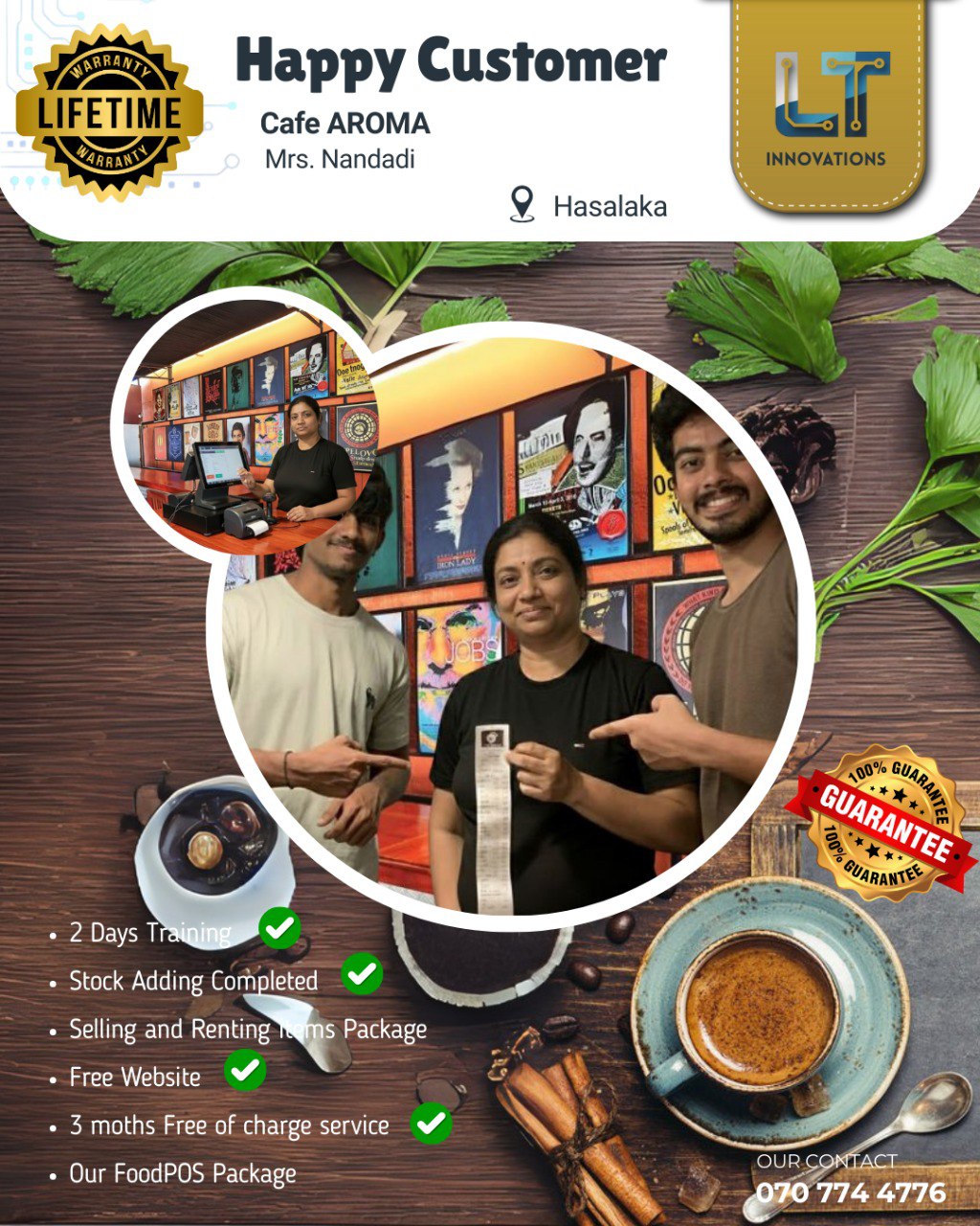 Cafe AROMA FoodPOS Package implementation showing happy customer Mrs. Nandadi with long receipt